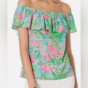 Lilly Pulitzer La Fortuna Pink Flamingo Off-Shoulder Top